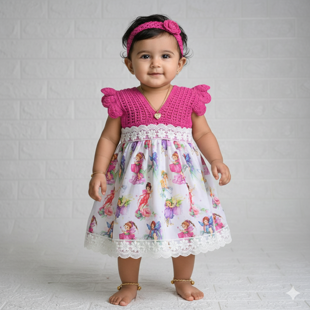Fairy Garden Semi-Crochet Frock – Pink Bodice & Illustrated Skirt