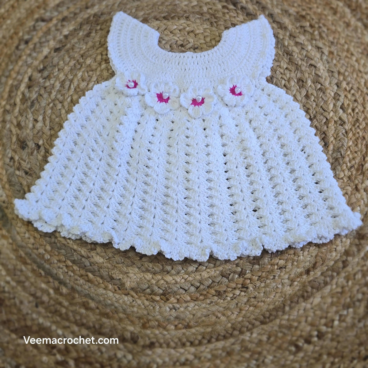 Handmade Christmas Crochet Frock – White & Pink Floral Elegance