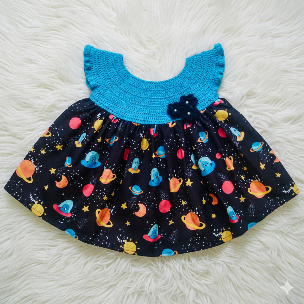 Blue Semi-Crochet Cotton Frock for Baby Girls – Space Planet Print