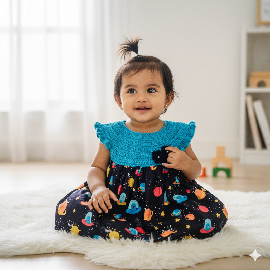 Blue Semi-Crochet Cotton Frock for Baby Girls – Space Planet Print