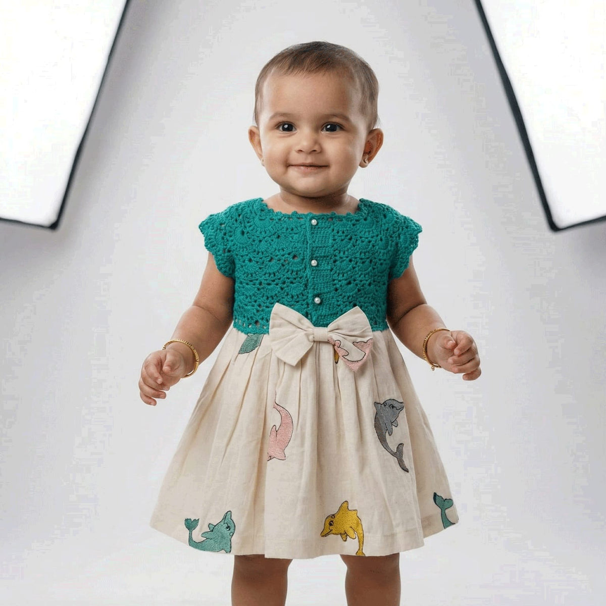 Teal Blue Semi Crochet Baby Dress with Dolphin Print Kora Cotton Skirt