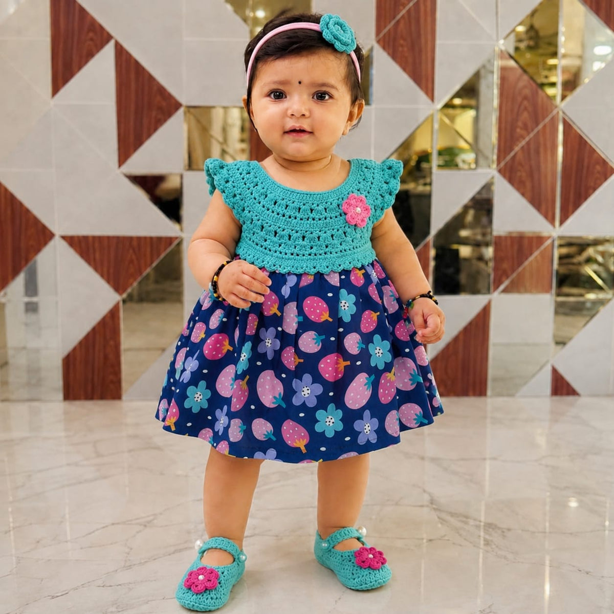 Aqua Turquoise Semi-Crochet Frock for Baby Girl - Navy Berry Floral Cotton Outfit Set