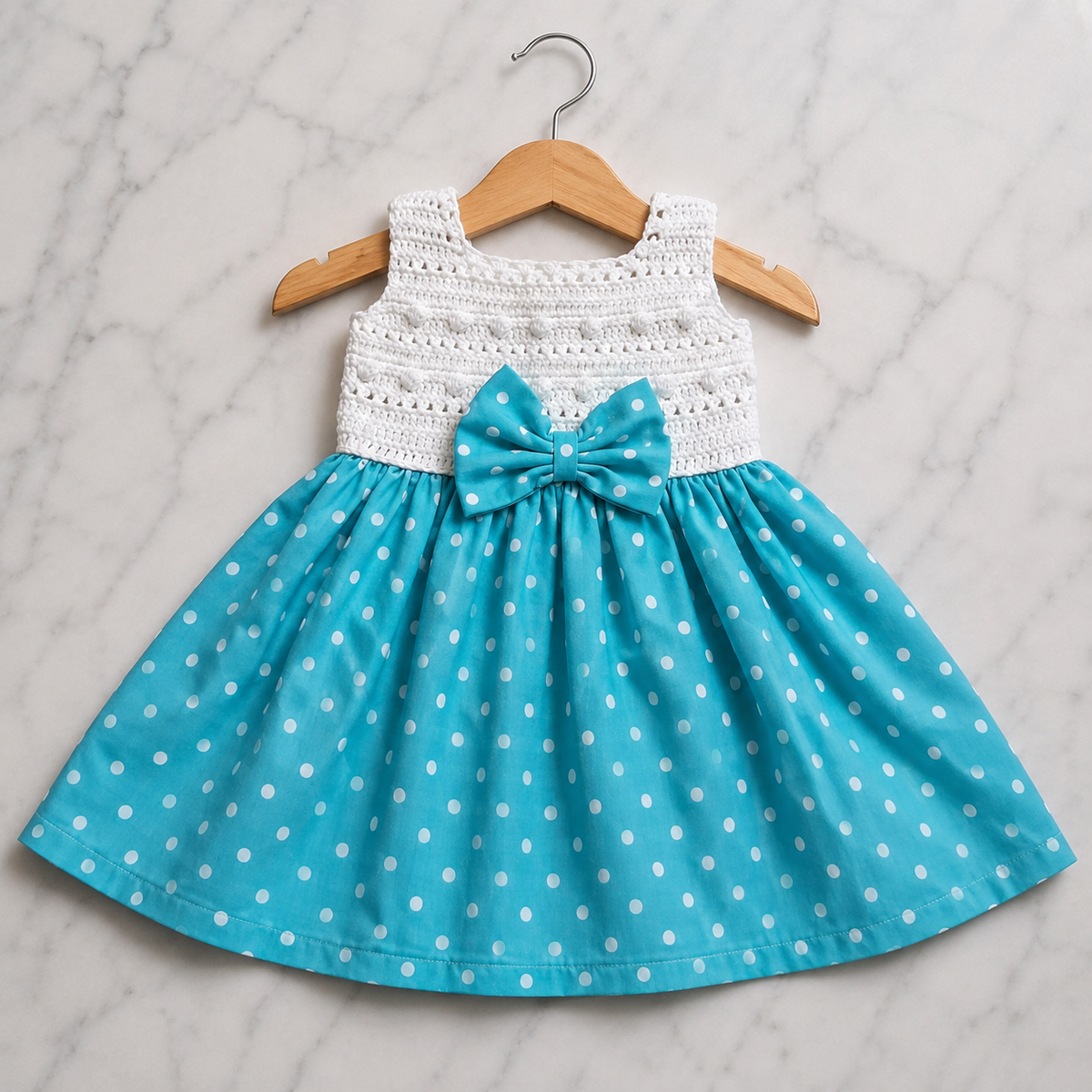 White Semi-Crochet Baby Dress with Green Polka Dot Skirt