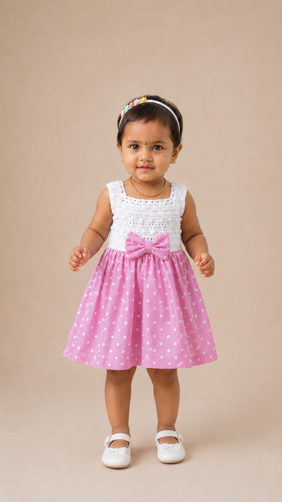 White Semi-Crochet Baby Frock with Pink Polka Dot Skirt