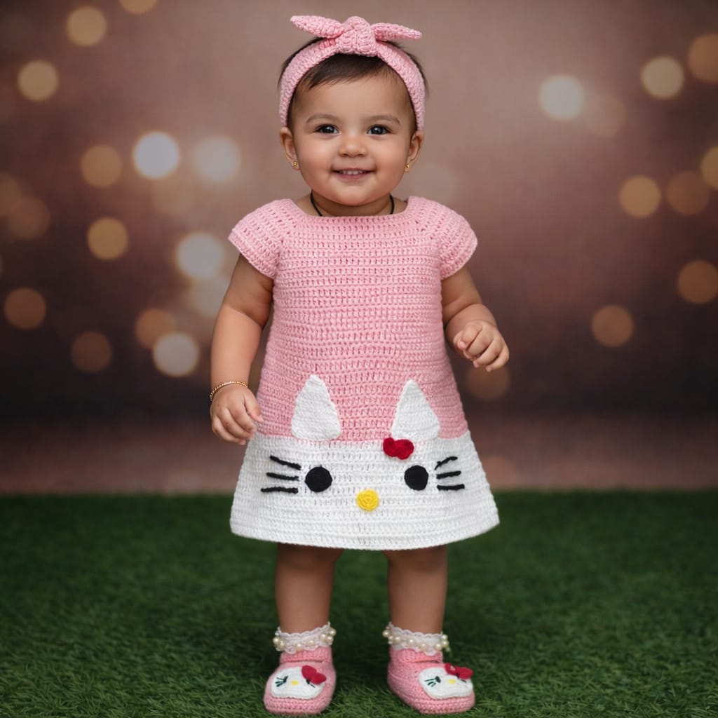 Pink Kitty Crochet Baby Dress Set by Veema Crochet