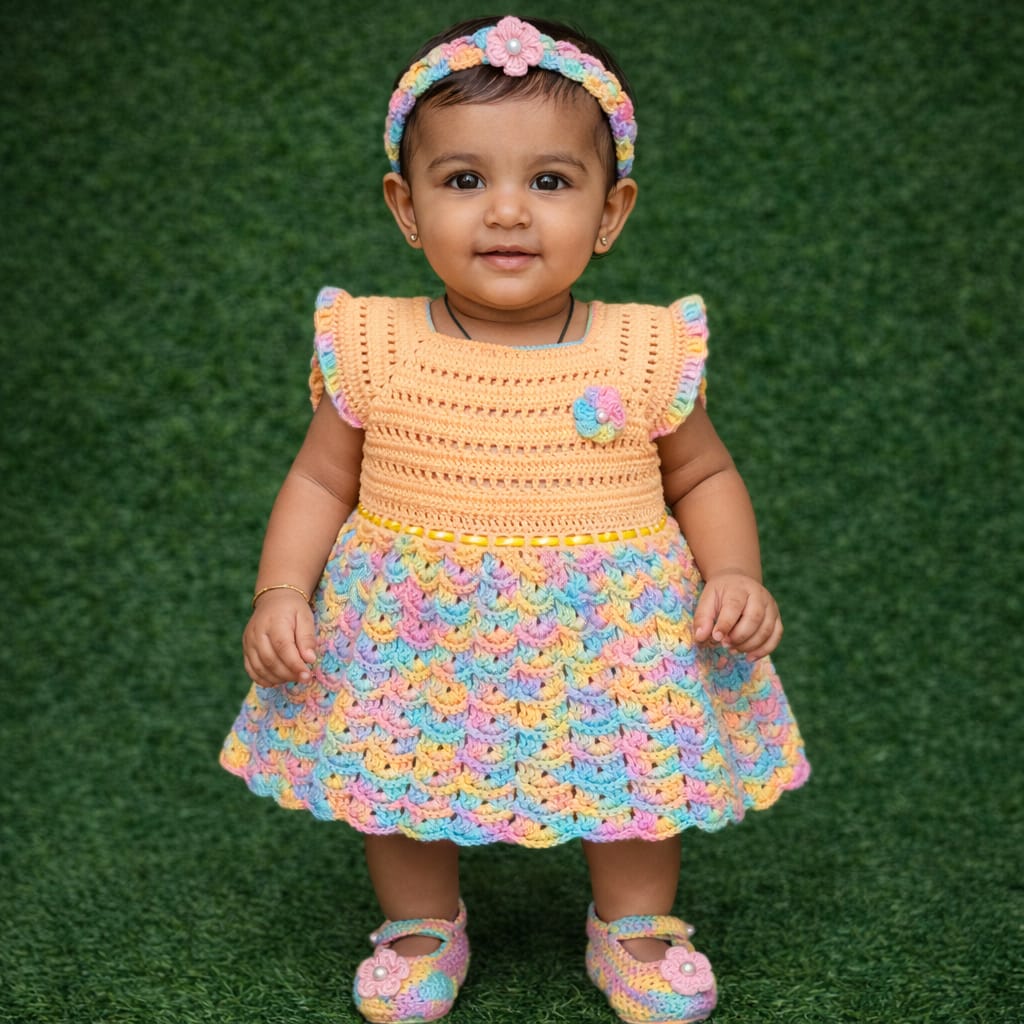 Crochet Rainbow Shell-Stitch Baby Outfit