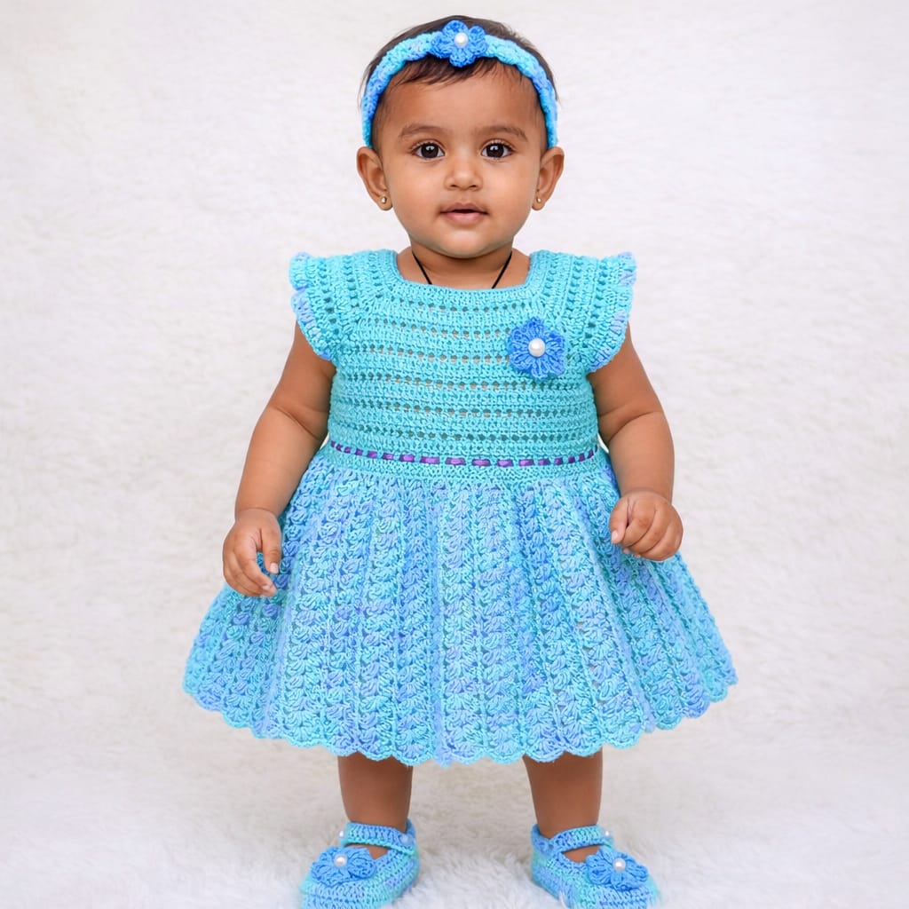 Baby Girl Crochet Frock (Blue & Green) – Veema Crochet