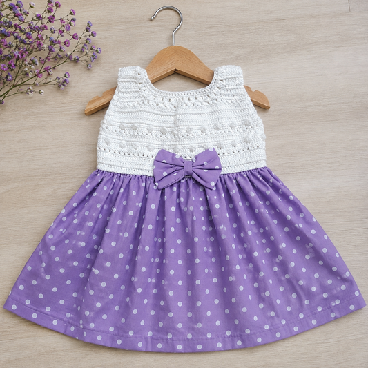 White Crochet Yoke Semi-Crochet Frock with Violet Polka-Dot Skirt
