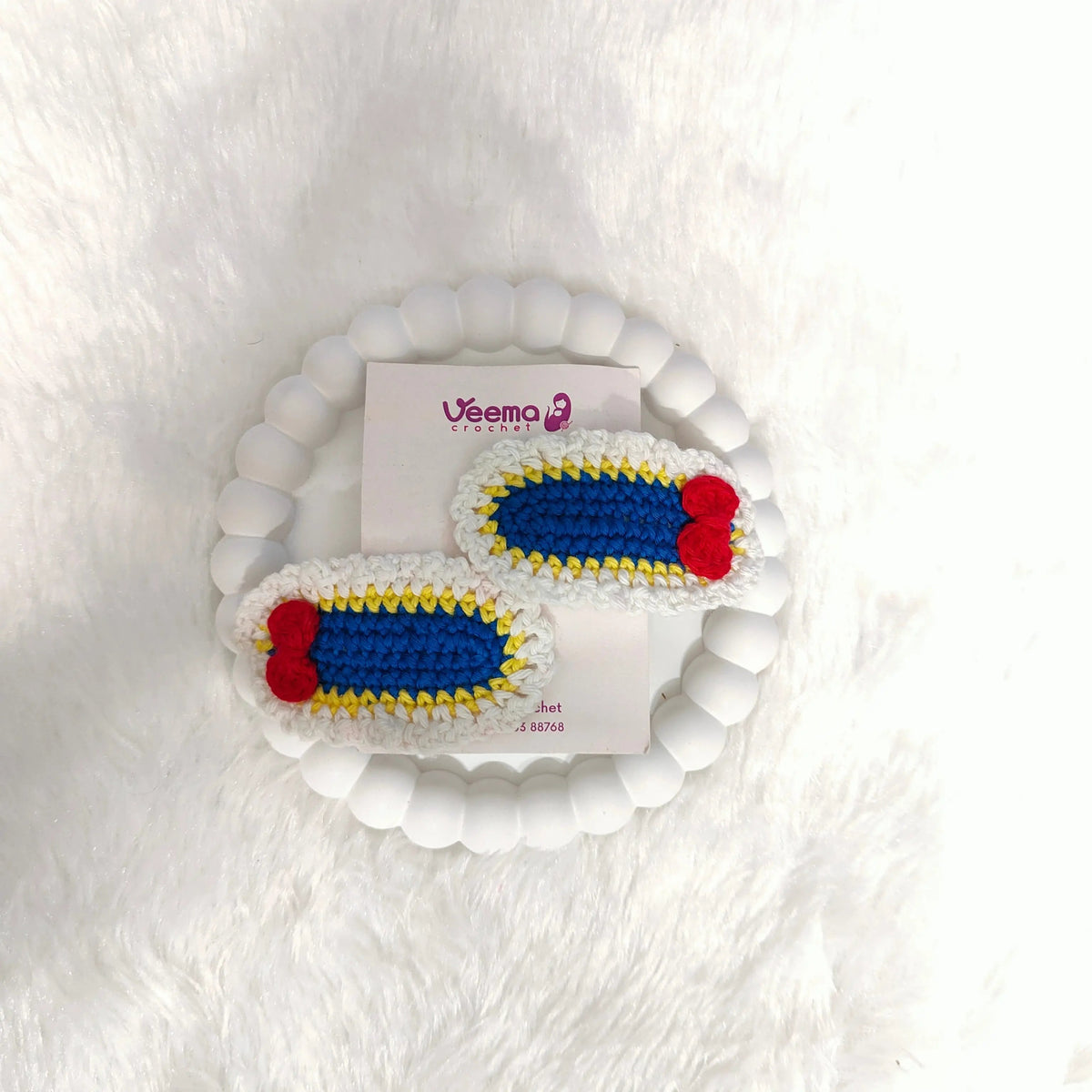 Blue Bow Crochet Hair Clips – close-up detail of crochet hair clip, Veema Crochet
