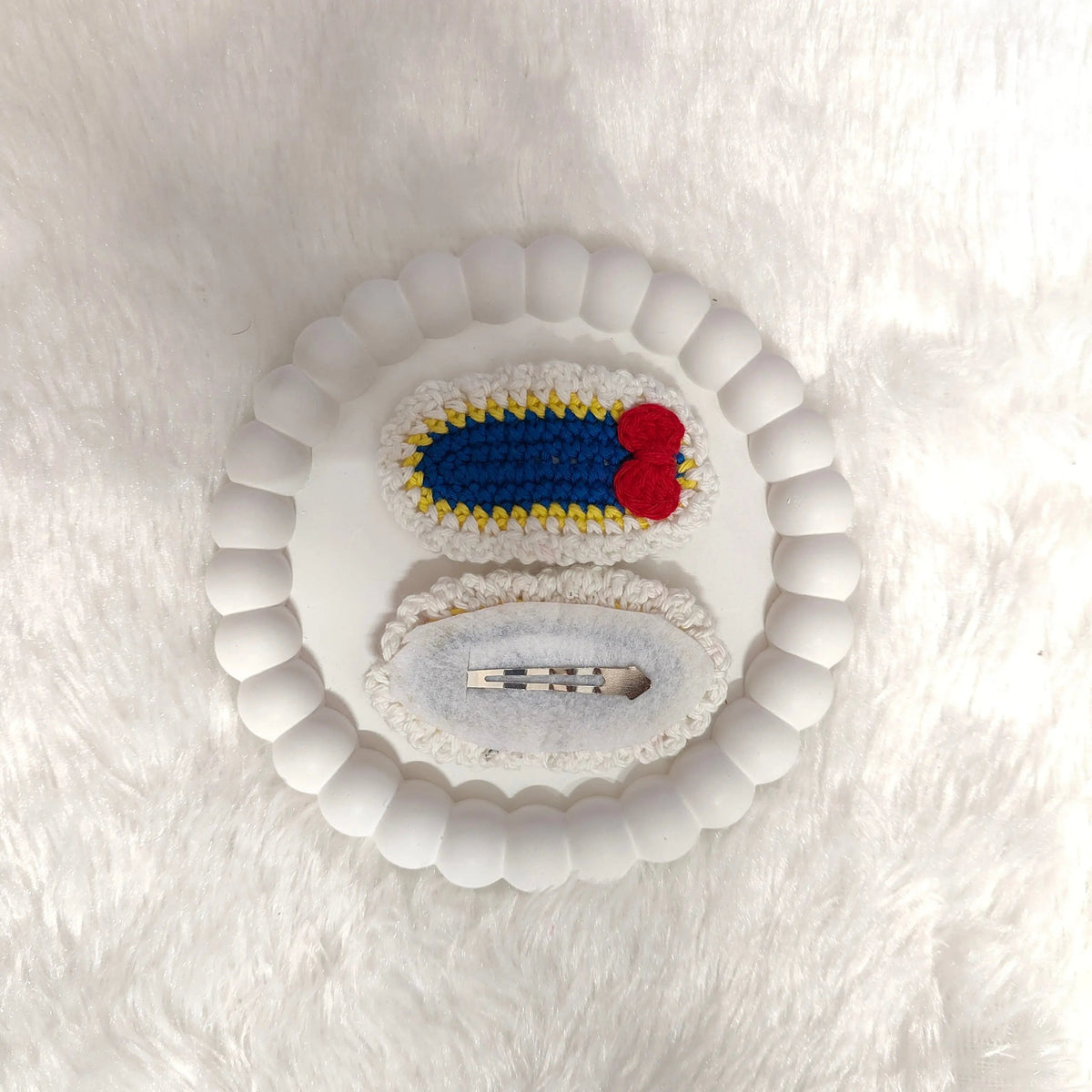 Blue Bow Crochet Hair Clips – alternate angle of handmade crochet hair clip, Veema Crochet