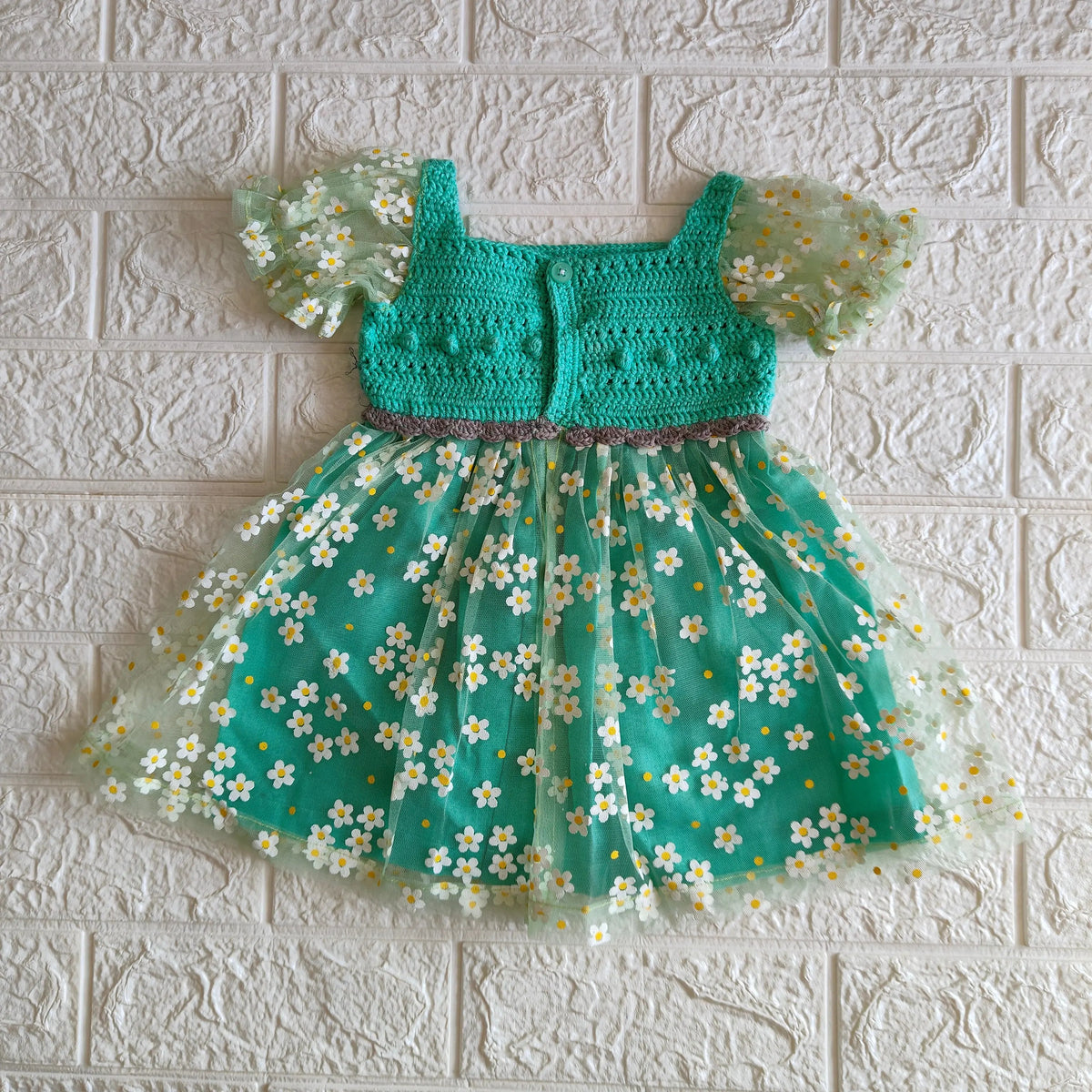 Daisynet-Green Crochet Dress – alternate angle of handmade crochet baby dress, Veema Crochet