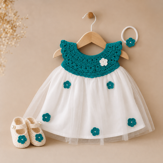 Teal Semi-Crochet Softnet Frock Outfit Set for Baby Girls