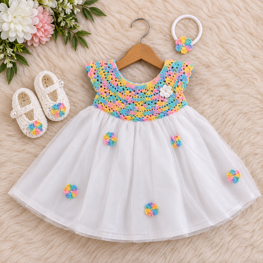 Rainbow Semi-Crochet Softnet Frock for Baby Girls -Outfit Set