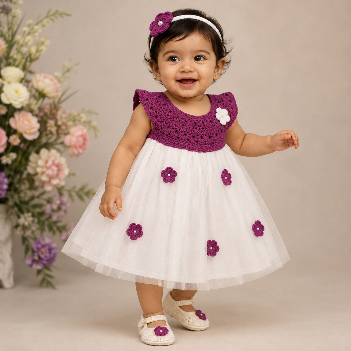 Wine Semi-Crochet Softnet Frock – Outfit Set for Baby Girls