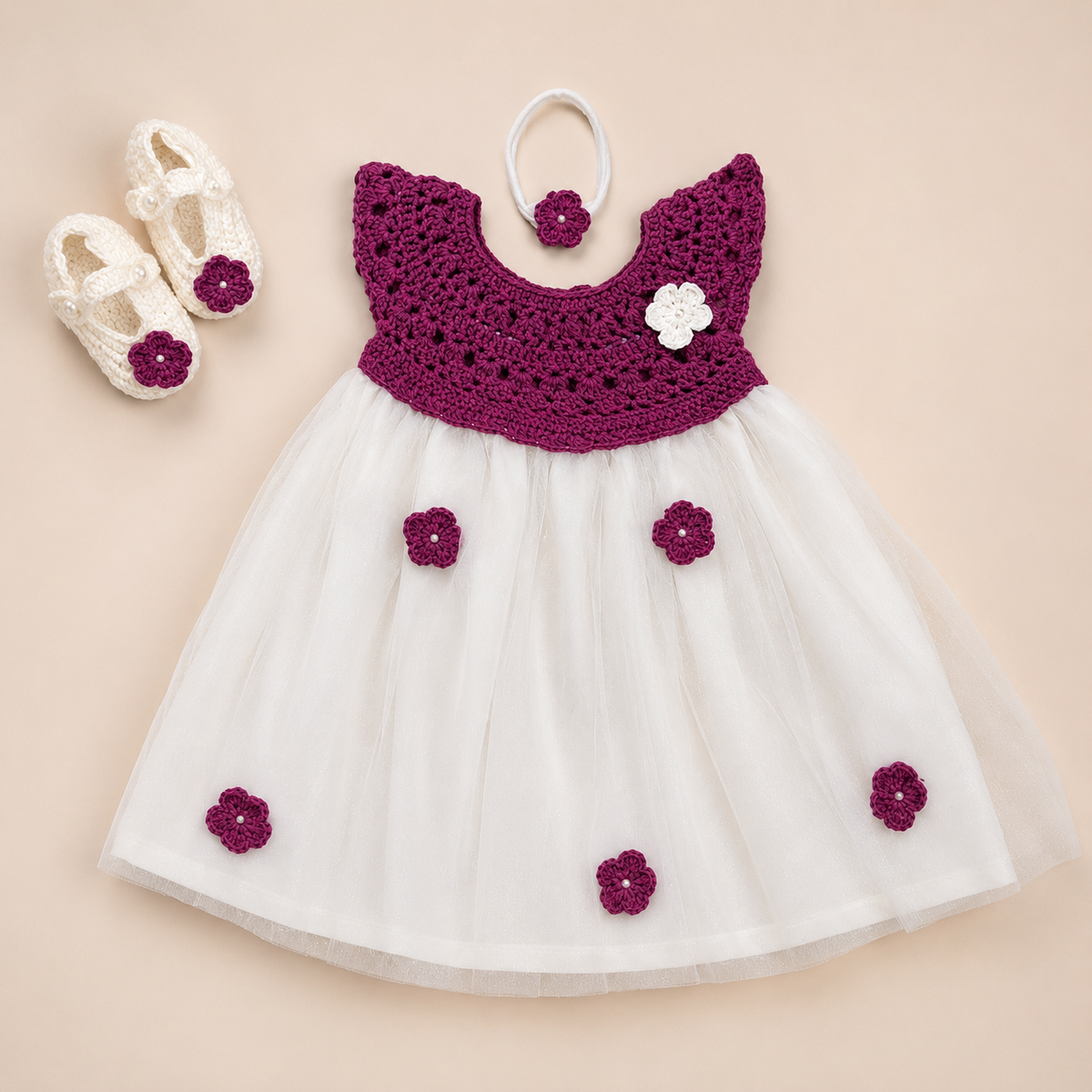 Wine Semi-Crochet Softnet Frock – Outfit Set for Baby Girls