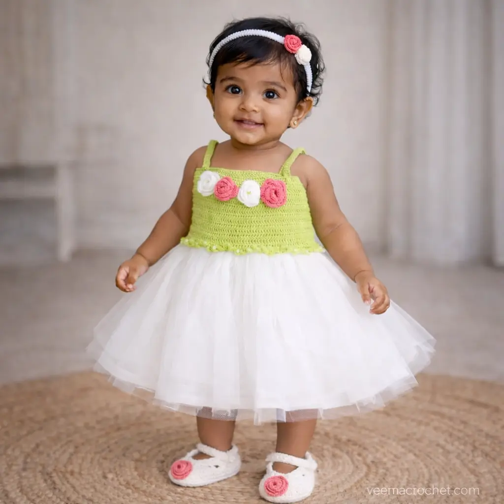 Lime Green Floral Semi-Crochet Softnet Frock for Baby Girl - Outfit Set