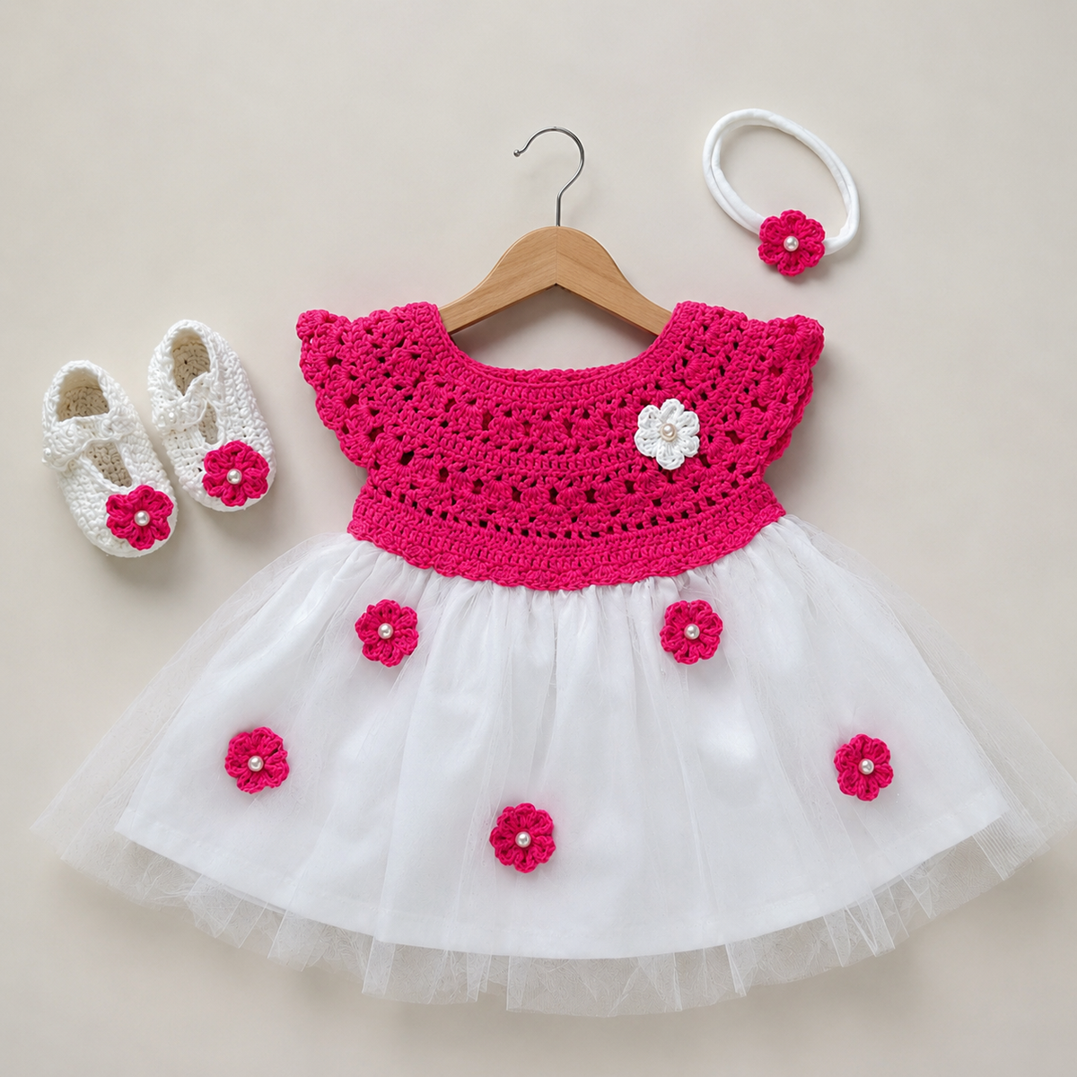 Rani Pink Semi-Crochet Softnet Frock for Baby Girls -Outfit Set
