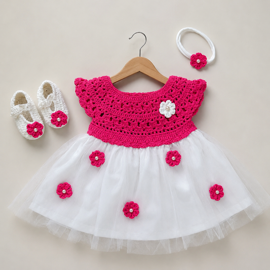 Rani Pink Semi-Crochet Softnet Frock for Baby Girls -Outfit Set