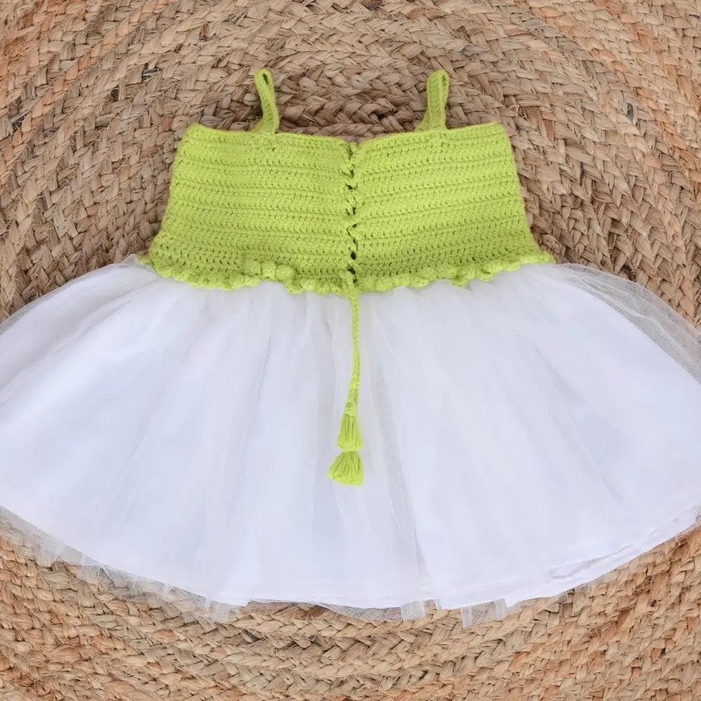Lime Green Floral Semi-Crochet Softnet Frock for Baby Girl - Outfit Set