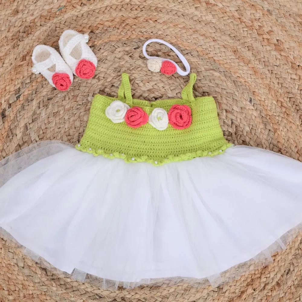 Lime Green Floral Semi-Crochet Softnet Frock for Baby Girl - Outfit Set