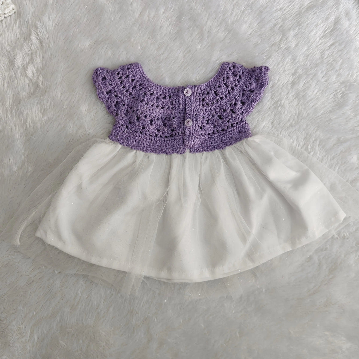 Lavender Complete Baby Outfit Set – Dress with Matching Shoes & Headband – styled view of crochet baby dress, Veema Crochet