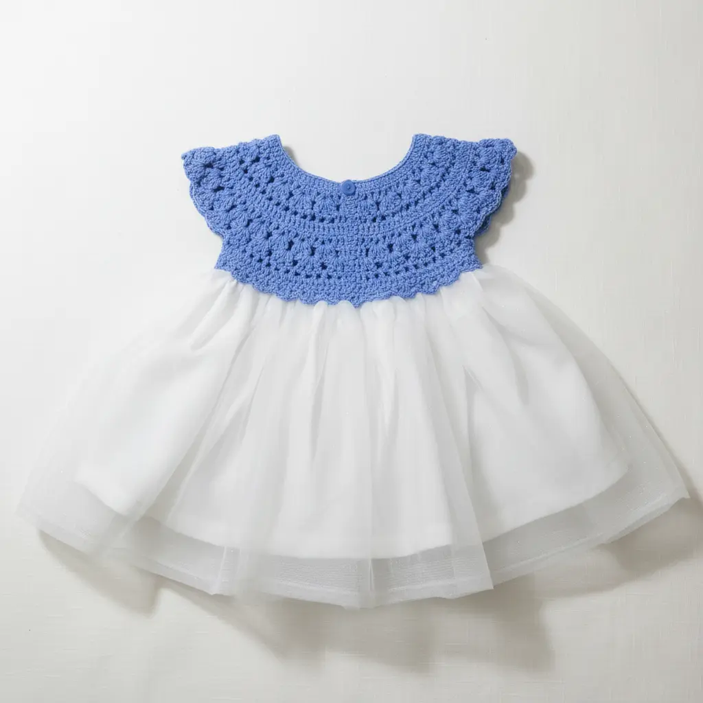 Light Blue Complete Baby Outfit Set – Dress with Matching Shoes & Headband – alternate angle of handmade crochet baby dress