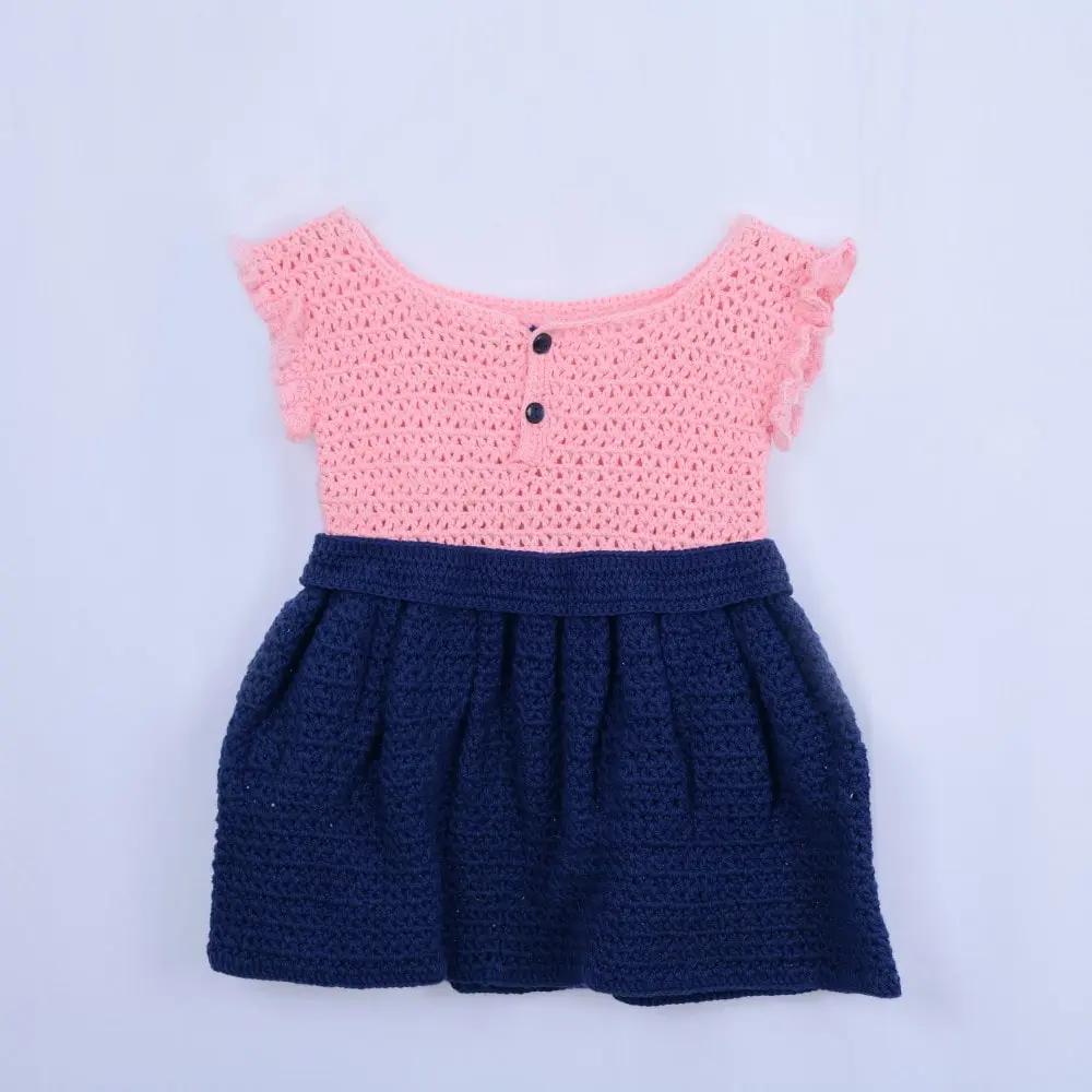 Elegant Crochet Frock – Pink & Navy Bow Charm