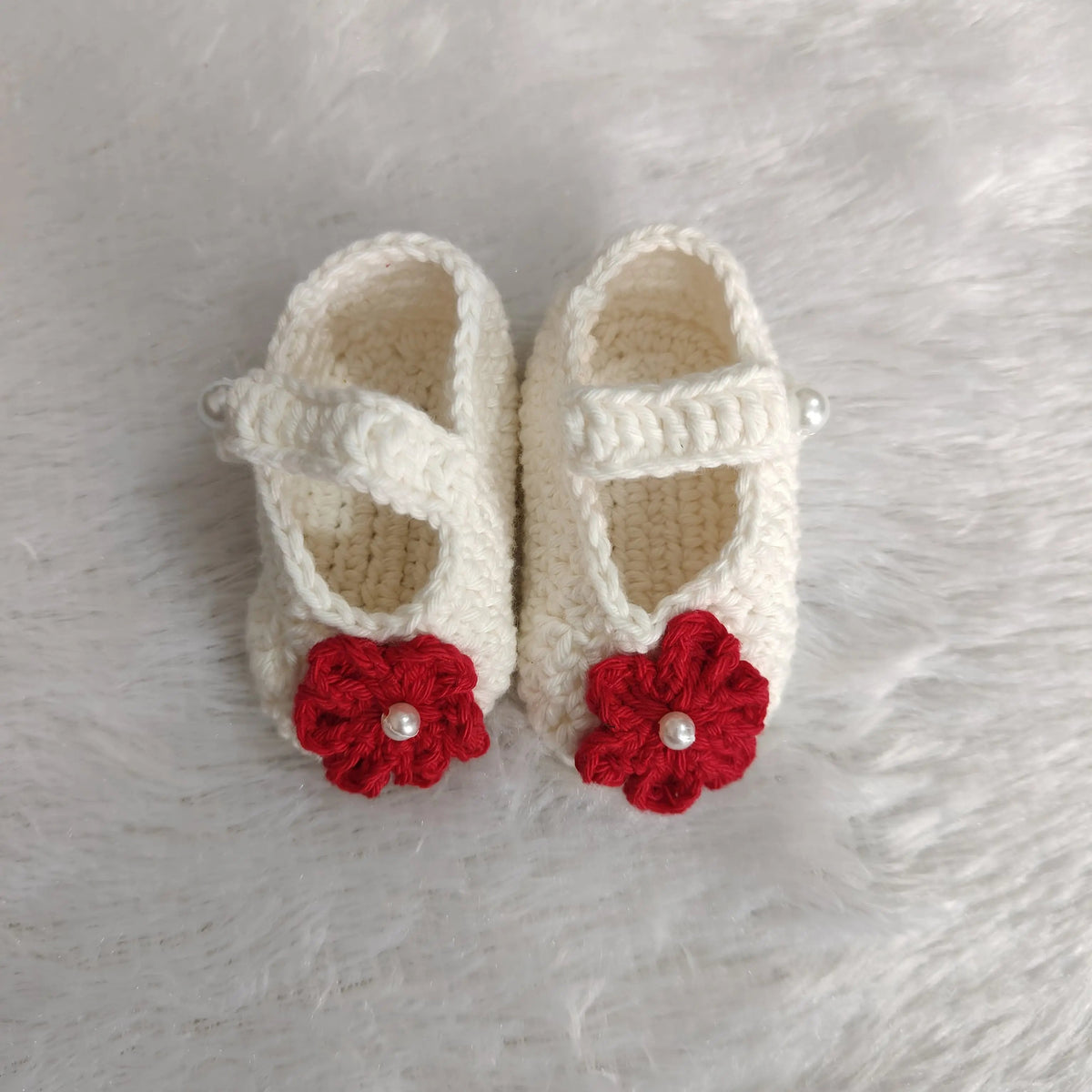 Red Complete Baby Outfit Set – Dress with Matching Shoes & Headband – styled view of crochet baby dress, Veema Crochet