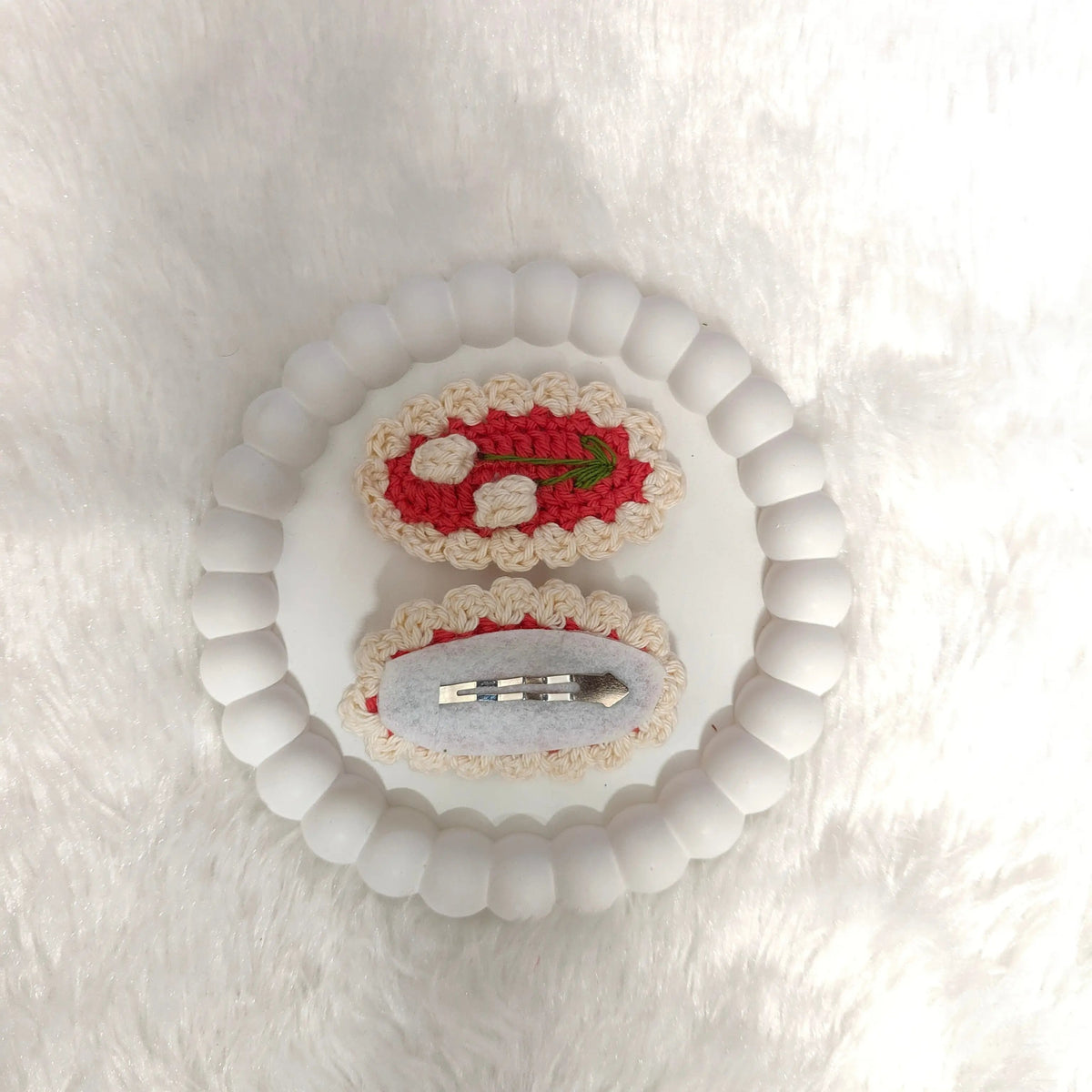 Strawberry Crochet Hair Clips – alternate angle of handmade crochet hair clip, Veema Crochet