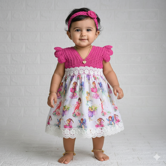 Fairy Garden Crochet Dress – Pink Bodice & Illustrated Skirt