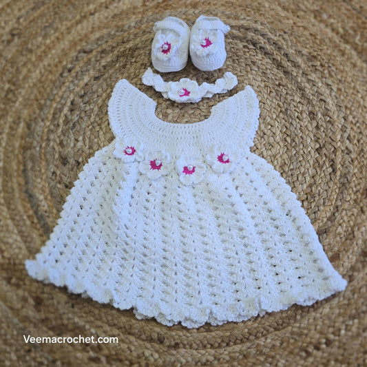 Handmade Christmas Crochet Frock – White & Pink Floral Elegance