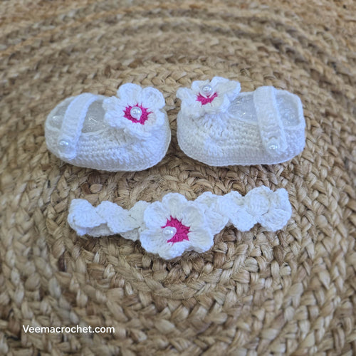 Handmade Christmas Crochet Frock – White & Pink Floral Elegance