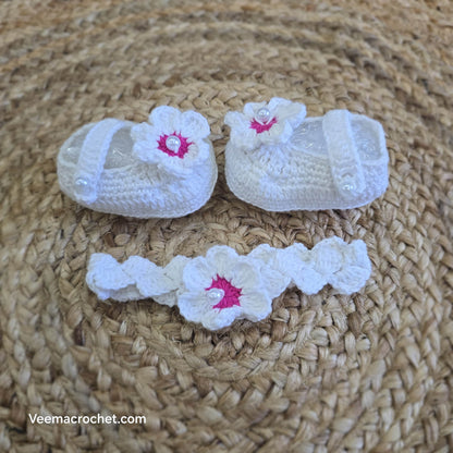 Handmade Christmas Crochet Frock – White & Pink Floral Elegance