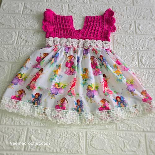 Fairy Garden Crochet Dress – Pink Bodice & Illustrated Skirt