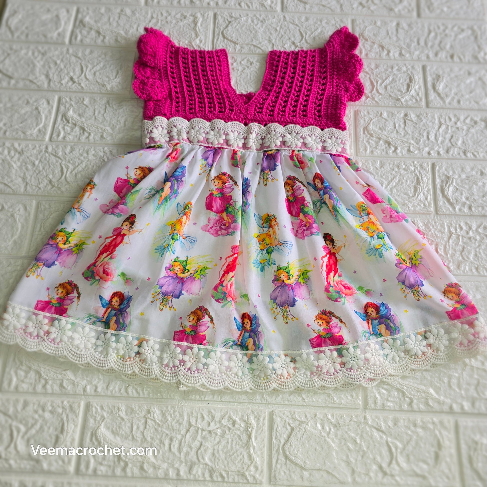 Fairy Garden Crochet Dress – Pink Bodice & Illustrated Skirt