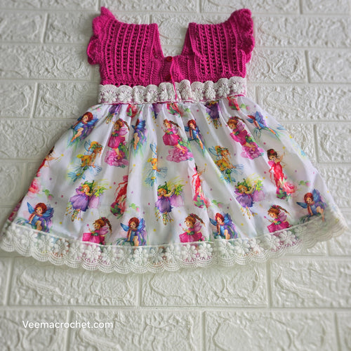 Fairy Garden Crochet Dress – Pink Bodice & Illustrated Skirt