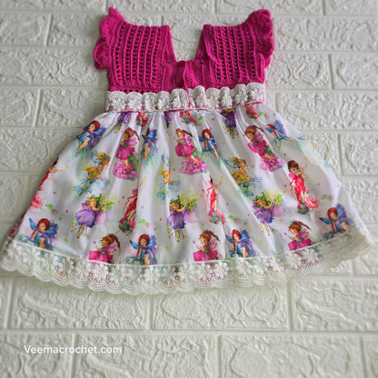 Fairy Garden Semi-Crochet Frock – Pink Bodice & Illustrated Skirt