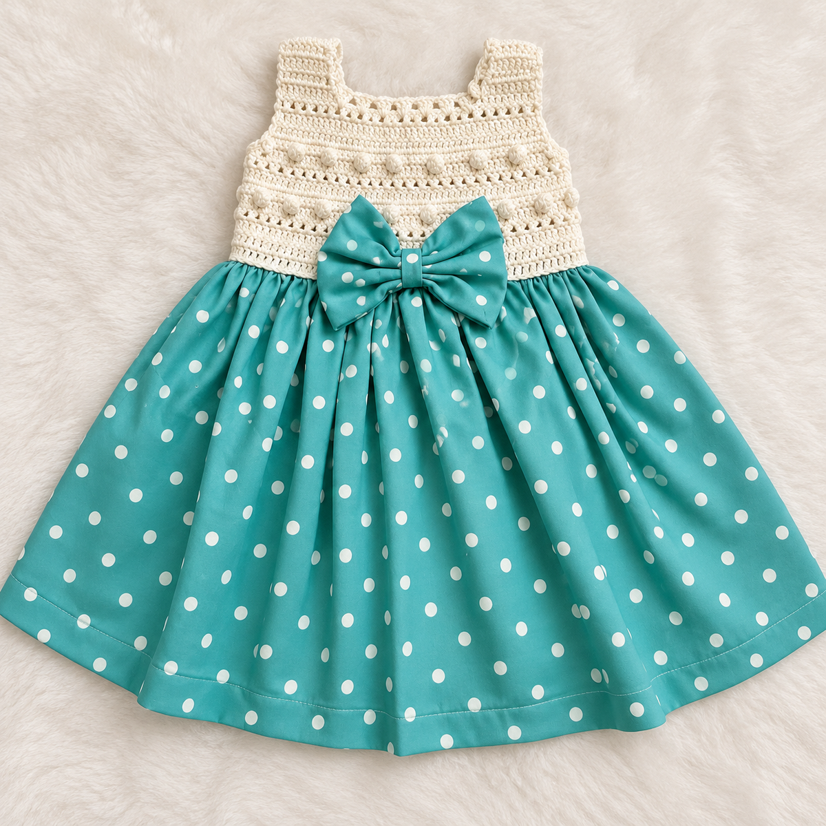 White Semi-Crochet Baby Dress with Green Polka Dot Skirt