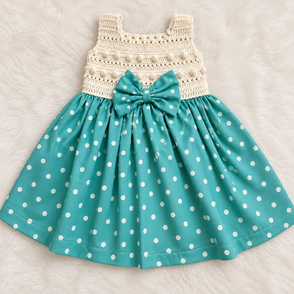 White Semi-Crochet Baby Dress with Green Polka Dot Skirt