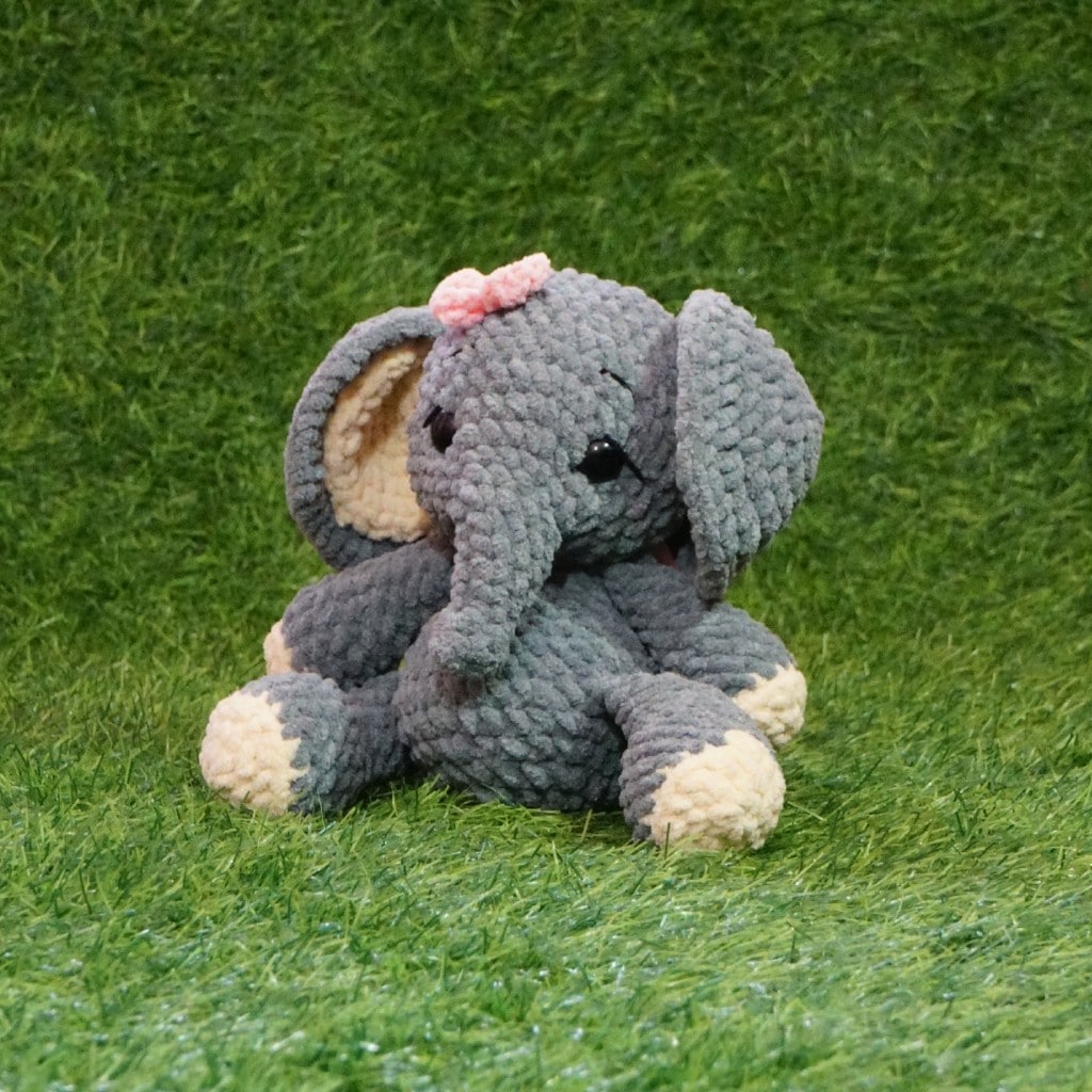 Gray Plush Elephant Toy with Pink Bow