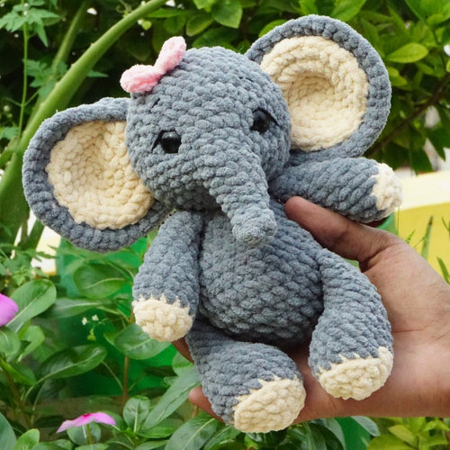 Gray Plush Elephant Toy with Pink Bow