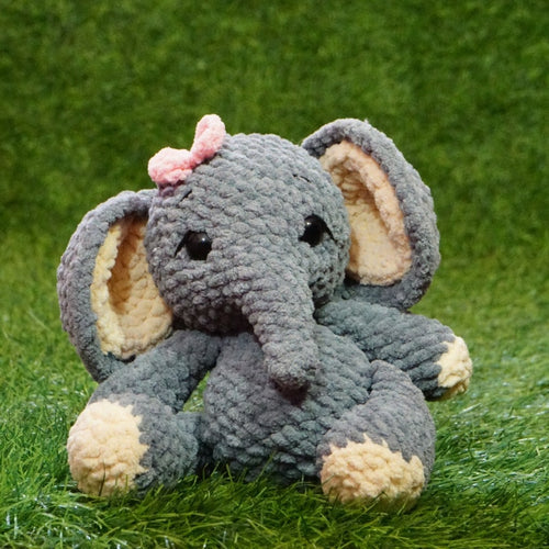 Gray Plush Elephant Toy with Pink Bow
