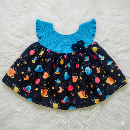 Blue Semi-Crochet Cotton Frock for Baby Girls – Space Planet Print