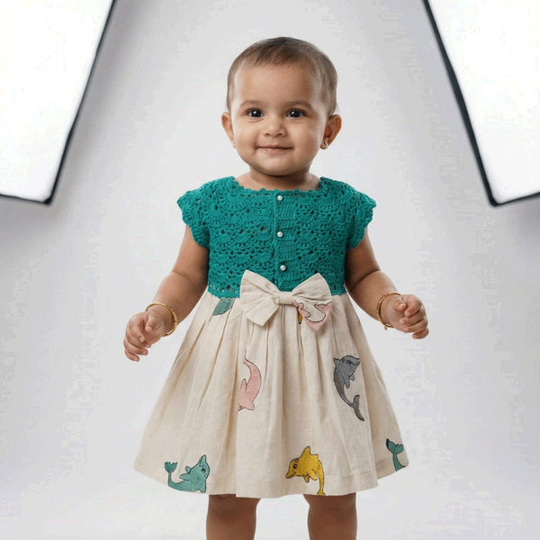 Ocean Whimsy Crochet Dress – Green Bodice & Dolphin Print Skirt