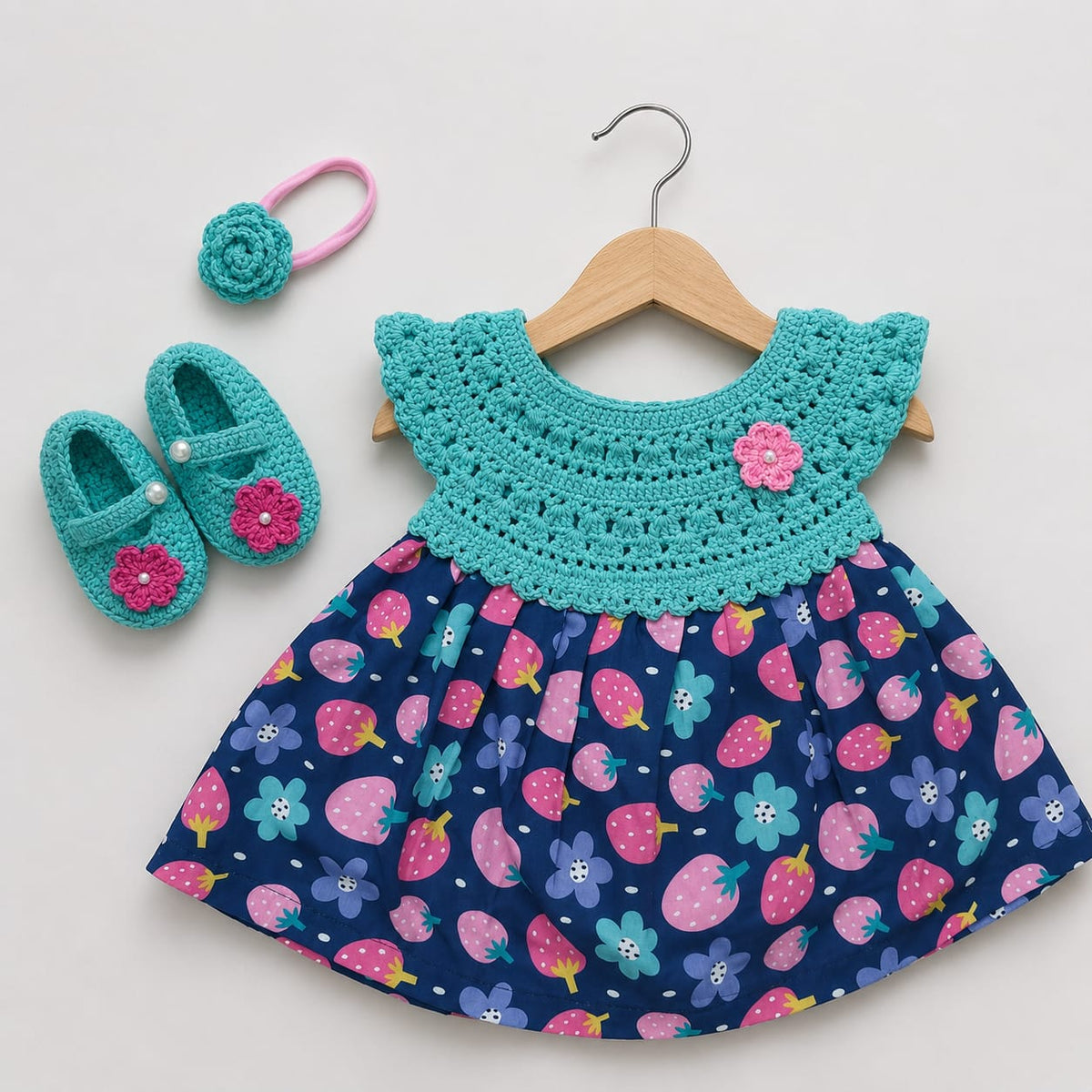 Aqua Turquoise Semi-Crochet Frock for Baby Girl - Navy Berry Floral Cotton Outfit Set