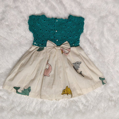 Ocean Whimsy Crochet Dress – Green Bodice & Dolphin Print Skirt