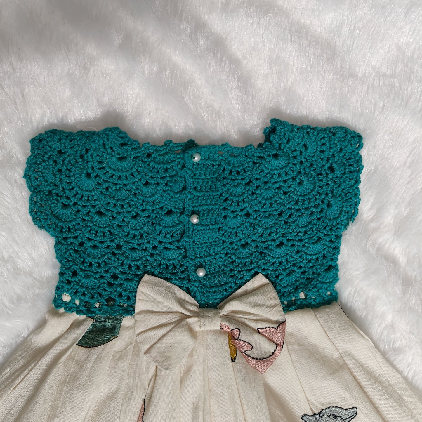 Ocean Whimsy Crochet Dress – Green Bodice & Dolphin Print Skirt