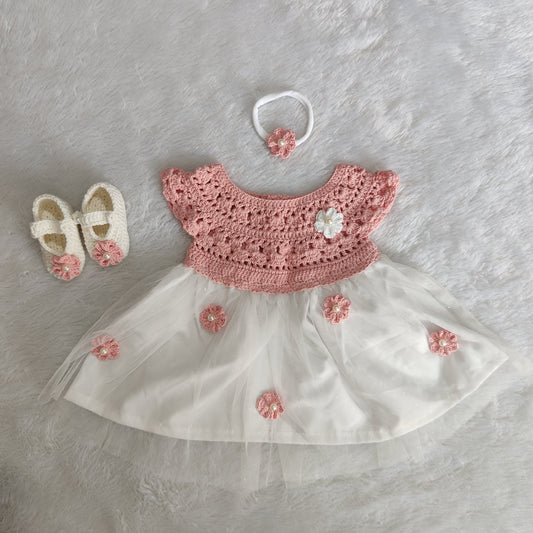 Pink Complete Baby Outfit Set – Dress with Matching Shoes & Headband