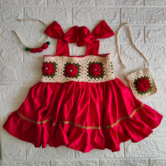 Red Rose Crochet Frock Set