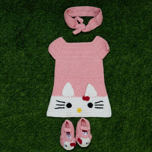 Pink Kitty Crochet Baby Dress Set